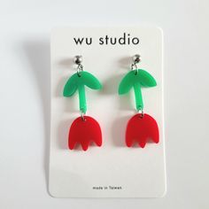 Wu Studio Flower Earrings. Made Of Red And Green Color Resin/Plastic And Silver Tone Metal For The Round Stud Part. Measures About 0.75"X2". Brand New! Acrylic Flower Earrings, Christmas Shoes Diy, Earring Clay, Color Resin, Studio Jewelry, Christmas Shoes, Shoes Diy, Plastic Flower, Summer Earrings