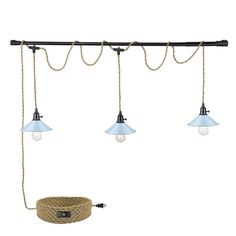 three light hanging from a rope with two lights on each side and one light in the middle