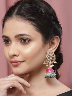 These beautiful poppy-pink floral jhumka earrings come with kundan stone studs & ocean-blue accented beads, are gold-plated with elegant meenakari work, and are secured with a post and back closure. These handcrafted floral jhumkas can be styled with any ethnic outfit, or an evening outfit to add a punch of color. You know you'll get complements with these! Product color may vary based on the monitor or screen you are using.See FAQ for more details. Size Length: 8 cm Details Material: BrassStone Fusion Kundan Jhumkas With Gota Work, Fusion Style Kundan Jhumkas With Gota Work, Meenakari Jhumkas For Celebration, Celebration Meenakari Jhumkas, Fusion Kundan Jhumkas With Meenakari, Fusion Style Kundan Jhumkas With Meenakari, Traditional Pink Jewelry With Dori Work, Diwali Chandbali Jhumkas With Dori Work, Multicolor Meenakari Jhumkas Drop Earrings