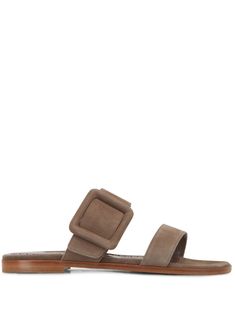 brown leather/suede decorative buckle detail open toe slip-on style branded footbed flat leather sole Elegant Leather Footbed Sandals With Buckle Closure, Designer Open Toe Footbed Sandals With Buckle, Brown Suede Open Toe Slides, Elegant Leather Footbed Sandals, Brown Suede Sandals With Tang Buckle, Designer Sandals With Leather Footbed And Rectangular Buckle, Brown Suede Slides With Buckle Closure, Designer Buckle Closure Open Toe Sandals, Designer Open Toe Sandals With Buckle Closure