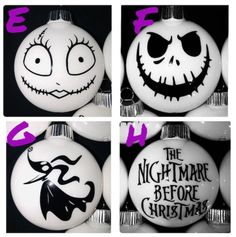 four different ornaments with faces and words painted on them, all decorated in black and white