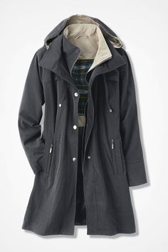 Our All-Season Coat is versatile, water-repellent and well-detailed. Midweight jacket has button-off drawstring hood with toggle adjustment, soft full button-out lining with silky sleeves to slip easily over sweaters. A longer version of our bestselling jacket. Gentle back-seam shaping. Imported. Coldwater Creek Outfits, Travel Coat, Stylish Raincoats, Outerwear Women Winter, Water Resistant Jacket, Spring Coat, Waterproof Coat, Plus Size Coats, Spring Jackets