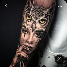 a woman with an owl tattoo on her arm and the eyes are open, while she is