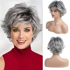 PRICES MAY VARY. ❤【Specification】-- Color: Silver Grey with Dark Roots. Including:1 wig + 1 wig cap. Note: There are some color differences because of light and monitor. ❤【Premium Material】：The short grey wig for women is made of high temperature resistant synthetic fiber, soft touch and skin friendly. Easy to comb and not easily tangle and hair loss. ❤【Breathable & High Elastic Cap】-- The open wefted construction is well ventilated for a cool, comfortable fit. Adjustable elastic band and hair c Layered Wigs, Grey Hair Over 50, Layered Wig, Short Wavy Bob, Gorgeous Gray Hair, Blonde Layers, Silver Ombre, Gray Hair Cuts, Grey Wig