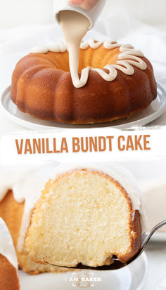 vanilla bundt cake with icing being drizzled over it