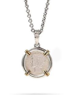 John Varvatos, Mercury dime coin Pendant in Silver and Brass on a Silver Chain Necklace. Signature Hallmark on Interior. Length: app. 24 in". Custom lengths available upon request. Made to order, please allow up to 6 weeks. Please contact us for a more accurate time frame. Woven Ring, Jewelry Workshop, Feather Necklaces, John Varvatos, Fine Jewelry Bracelets, Fabulous Jewelry, Fine Jewelry Designers, Coin Necklace, Coin Pendant