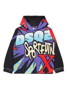 black/multicolour cotton classic hood all-over graphic print ribbed cuffs and hem long sleeves Multicolor Sweater, Italian Fashion Designers, Boys Hoodies, Boys Top, Kids Sweater, Print Hoodie, Coloring For Kids, Hoodie Print, Black Hoodie