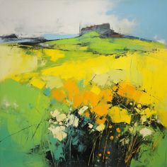 an abstract painting of yellow and green flowers in the foreground with a castle in the background