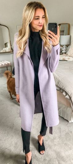 Lilac Trench Coat Outfit, Lilac Fall Outfit, Lavender Coat Outfit, Lilac Coat Outfit, Lilac Jacket Outfit, Lavender Jacket Outfit, Purple Coat Outfit, Lilac Outfits, Long Vest Outfit