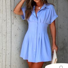 Vici Ginnie Pintuck Button Down Shirt Dress - Blue Nwt Self & Lining 100% Polyester Hand Wash Cold, Dry Flat Mini Length Collard Neckline Cuffed Sewn Sleeves Pintuck Waist Front Button Closures Fully Lined Summer Dress With Placket, Solid Summer Dress With Placket, Spring Button-up Mini Dress, Summer Dress With Solid Color And Placket, Summer Shirt Dress For Date Night With Button Closure, Summer Shirt Dress With Button Closure For Date Night, Summer Date Night Shirt Dress With Button Closure, Casual Solid Color Mini Dress With Collar, Casual Collared Mini Dress In Solid Color