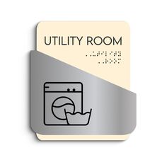 the utility room sign is shown in black and white, with a silver border around it