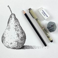 a pencil drawing of a pear next to some rocks and a rock with writing on it