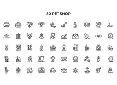 the 50 pet shop icons are shown in black and white