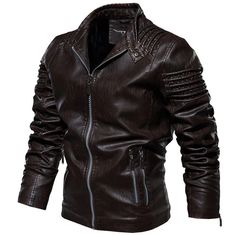 Meet our Leather Ripple Biker Jacket:  If you love leather jackets, you’re especially going to love this motorcycle jacket! It’s elegant, stunning, and extremely comfortable. The Ripple Biker jacket is a timeless outerwear piece built for a true blue biker.  It comes crafted with traditional detailing, including asymme Mens Outdoor Fashion, Mens Leather Clothing, Pu Jacket, Leather Jacket Style, Pu Leather Jacket, Men's Leather Jacket, Winter Fabric, Types Of Jackets, Retro Mode