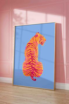 a painting of a tiger on a blue background in an empty room with pink walls