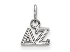 Rhodium over sterling silver polished Delta Zeta sorority Greek letters extra small pendant from LogoArt. Measures approximately 7/16"L x 3/8"W. Anniversary Silver Jewelry With Logo Charm, Silver Jewelry With Logo Charm For Anniversary, Silver Charm Necklace With Logo As Gift, Delta Zeta Sorority, Delta Zeta, Greek Letters, Small Pendant, Sorority, Sterling Silver