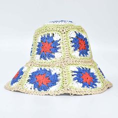 Floral Crochet Straw Bucket Hats - 11 Colors. Adorable bohemian straw bucket hats in retro floral square crochets. Perfect spring to summer hats to love and protect from sun in style. Hand Woven, wide brim with size adjustable inner rope. Wear in town or beach, these hats look sweet! SIZE: 54-58cm Circumstance H10cm x Brim 9-10cm Gender: WOMENItem Type: Hats, Crochet HatMaterial: Straw, PapyrusPattern Type: Floral Woven Straw Beach Hat, Straw Beach Hat, Beach Bucket Hat, Bob Chapeau, Crochet Sun, Straw Bucket Hat, Designer Bucket Hats, Hats Crochet, Crochet Sun Hat