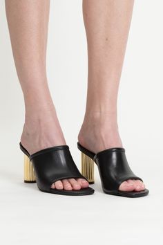 Open toe mule with gold heel by SIMKHAI. Runs true to size Sea Ny, Women's Mules, Gold Heels, Footwear Design Women, Black 7, Gift Store, Mules Shoes, Cow Leather, Mule