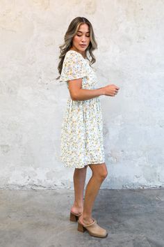 Knee length dress with natural waistline and flutter sleeve. FINAL SALE- Not eligible for refund or exchange Sunday Dresses, Dresses For Spring, March 2024, Dresses 2024, New Arrival Dress, Top Sales, New Instagram, Modest Dresses, Skirts For Sale