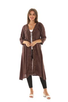 This bohemian-style duster has three-quarter length sleeves and sequin-accented embroidery for an extravagant look. Size S: 42'' long from high point of shoulder to hem Women Duster for fall 100% rayon Machine wash Imported Open Kimono, Cardigan Plus Size, Long Open Cardigan, Plus Size Kimono, Embroidered Kimono, Long Duster, Kimono Duster, Boho Kimono, Kimono Cardigan