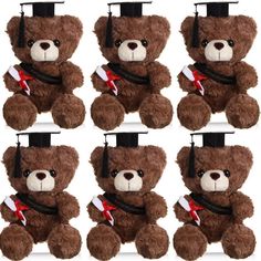 six brown teddy bears wearing graduation caps and gowns with red ribbons on their heads