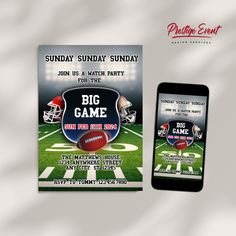 a mobile phone and flyer for a big game football event on sunday, sunday, sunday