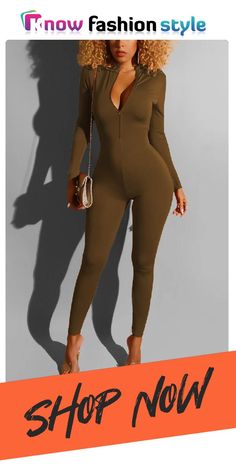 Fashion Reversible Zipper Brown Solid Jumpsuits Solid Jumpsuit, Brown Fashion, Curvy Fashion, Jumpsuit, Zipper