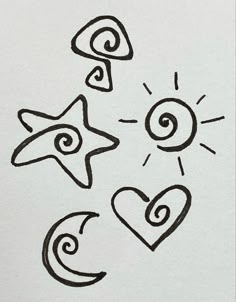 three stars and two hearts are drawn in black ink on white paper with the sun shining behind them