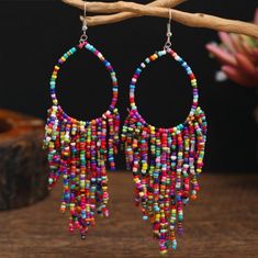 Gorgeous Boho Style Seed Bead Fringe Hoop Dangle Earrings In An Array Of Colors: Red, Pink, Purple, Blue, Green, Turquoise, Yellow, Orange, Black, Gold, White Surprisingly Lightweight! Nwt Fringe Hoop Earrings, Blue Green Turquoise, Hoop Dangle Earrings, Bead Fringe, Pink Purple Blue, Long Dangle Earrings, Beaded Fringe, Beaded Tassels, Green Turquoise