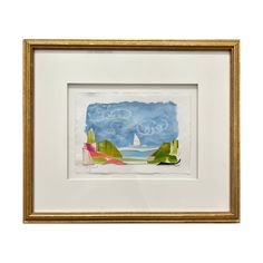 a painting with watercolors on paper in a gold frame, depicting sailboats and clouds