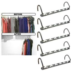 there are four racks with clothes hanging on them