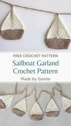 three crocheted sailboat garlands hanging from a line with text overlay that says free crochet pattern