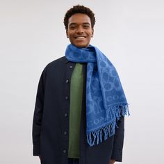 This soft muffler features our Signature on one side and reverses to a solid on the other. Crafted of luxurious cashmere it's finished with delicate fringe trim. | Coach Reversible Signature Cashmere Muffler - Women's - Deep Blue Backpack Charm, Large Wallet, Fringe Trim, New Handbags, Deep Blue, Cashmere, Trim, Blue