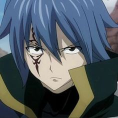 an anime character with blue hair looking at the camera