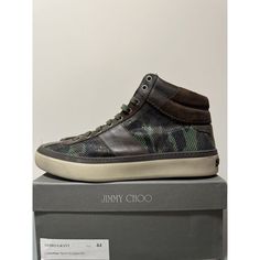 Elevate Your Casual Style With These High Top Sneakers From Jimmy Choo. The Belgravia Model Features A Stylish Camouflage Pattern, Making It Perfect For Any Season. Made In Italy With Synthetic Upper Material, These Sneakers Are Durable And Comfortable For All-Day Wear. The Multicolored Sneakers Have A Uk Shoe Size Of 10.5 And A Us Shoe Size Of 11, Making It A Perfect Fit For Men Who Love Style And Comfort. The Sneakers Are Perfect For Casual Occasions And Can Be Paired With Your Favorite Jeans Designer High-top Sneakers With Vulcanized Sole, Designer Leather Sole Lace-up Sneakers, Designer Lace-up Sneakers With Leather Sole, Designer Lace-up Sneakers With Vulcanized Sole, Designer Lace-up Sneakers With Abzorb Midsole, Leather Slip-on Sneakers With Speckled Midsole, Designer High-top Sneakers With Contrast Sole, Designer Custom Sneakers With Vulcanized Sole, Designer Leather High-top Sneakers With Textured Sole