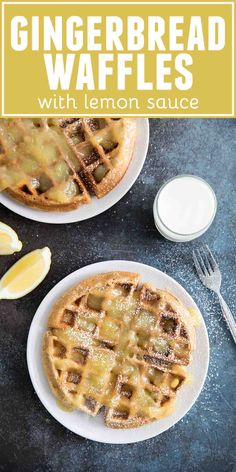 two white plates topped with homemade gingerbread waffles