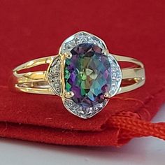 Cute Mystic Topaz And Genuine Diamonds Ring Size 5 Elegant Multicolor Jewelry With Center Stone, Elegant Oval Rainbow Rings, Elegant Rainbow Ring Jewelry, Elegant Rainbow Colored Ring Jewelry, Elegant Rainbow Colored Ring, Elegant Iridescent Rings With Accent Stones, Elegant Iridescent Rings For Formal Occasions, Elegant Rainbow Jewelry For Formal Occasions, Elegant Formal Rainbow Jewelry