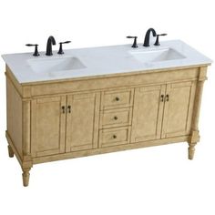 double sink vanity with two black faucets on the top and white countertop