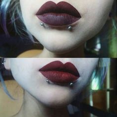 two pictures of the same woman's lips with piercings