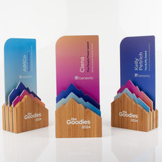 three wooden business cards with mountains in the back and blue, pink, purple, and yellow on them