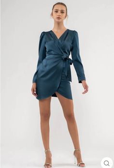 B3fd1039 - 2 small 2 medium 2 large - v neckline - long sleeve - surplice - side invisible zipper - wrap mini dress - solid - shell: 100%polyester lining: 100%polyester Wrap Mini Dress, Mini Wrap Dress, Invisible Zipper, Dress Clothes For Women, Dress Outfits, Satin, Mini Dress, Womens Dresses, Zipper