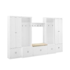 a white wardrobe with drawers and shelves