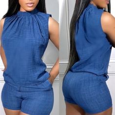 Fits Like A Medium..2 Pc Short Set! Very Nice. Sleeveless Blue Denim Top For Work, Chic Stretch Blue Denim Top, Chic Blue Stretch Denim Top, Blue Denim Top For Summer Workwear, Summer Blue Denim Top For Work, Chic Blue Cotton Denim Top, Casual Stretch Blue Denim Top, Tank Top Shorts, Top Shorts Set