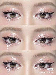 Eye Look With Gems, Kpop Makeup Gems, Kpop Concert Eye Makeup, K Pop Makeup Eye, Eye Makeup Concert, Kpop Concert Makeup, Kpop Idol Glitter Eye Makeup, Simple Glitter Eye Makeup Korean, Stage Make Up