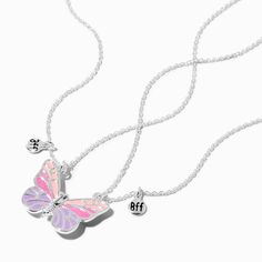 Show off your bestie love with this best friend necklace set. It includes two pendant necklaces that share a split butterfly design. Each side is decorated with a "BFF" charm and changes colors when exposed to sunlight. Pack Size: 2 Finish: Silver-tone Length: 16 + 3 in. extender / 40.64 + 7.62 cm. extender Closure: Lobster clasp Material: Metal - Claire's Best Friends UV Color-Changing Split Butterfly Pendant Necklaces - 2 Pack Cute Adjustable Charm Necklace For Friendship, Adjustable Cute Charm Necklaces For Friendship, Cute Adjustable Charm Necklaces For Friendship, Adjustable Charm Necklaces For Mother's Day And Friendship, Mother's Day Friendship Charm Necklace, Trendy Silver Necklace For Best Friend Gift, Trendy Silver Necklace For Best Friend, Cute Silver Jewelry With Butterfly Charm, Cute Silver Charm Necklaces For Friendship