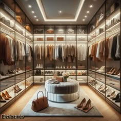 a walk in closet with lots of shoes and handbags on the floor next to it