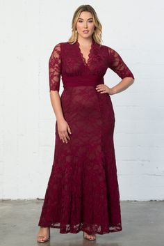 Our plus size Screen Siren Lace Gown is elegant for all your special occasions. Whether you're shopping for mother of the bride or a gala, you'll feel your absolute best in this dress. Made exclusively in women's plus sizes. Made in the USA. Shop our entire collection of plus size dresses at www.kiyonna.com. #plussizefashion #weddings Plus Size Gowns Formal, Plus Size Evening Gown, Lace Evening Gowns, Plus Size Gowns, Burgundy Lace, Lace Dress Long, Lace Dresses, Wedding Gowns Lace, Lace Maxi