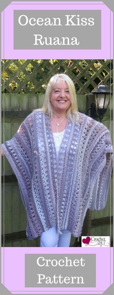 a woman wearing a blue crochet shawl with the words ocean kiss ruana written