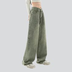 Be the embodiment of effortless summer chic with our 2023 Spring-Summer Collection pale green aged baggy jeans! This y2k style piece is the perfect blend of vintage allure and today's spirited fashion pulse. featuring a high-waist silhouette. zipper & button closure. and a statement-making baggy fit.Why You'll Love These Jeans Vintage-Modern Fusion: Revel in a timeless combination that effortlessly fuses bygone elegance into modern-day sophistication. Baggy Fit: Showcase your sun-kissed skin and Green Y2k Wide Leg Bottoms, Green Wide Leg Y2k Bottoms, Y2k Style High Waist Green Bottoms, Trendy Khaki Relaxed Fit Jeans, Y2k Style Green Straight Leg Pants, Baggy Green Y2k Bottoms, Green Baggy Y2k Style Bottoms, Green Baggy Y2k Bottoms, Baggy Green Jeans For Streetwear