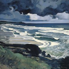 an oil painting of waves crashing on the beach with dark clouds in the sky above